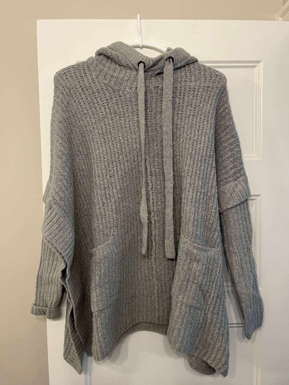 Heather Gray Hooded Knit Poncho Sweater